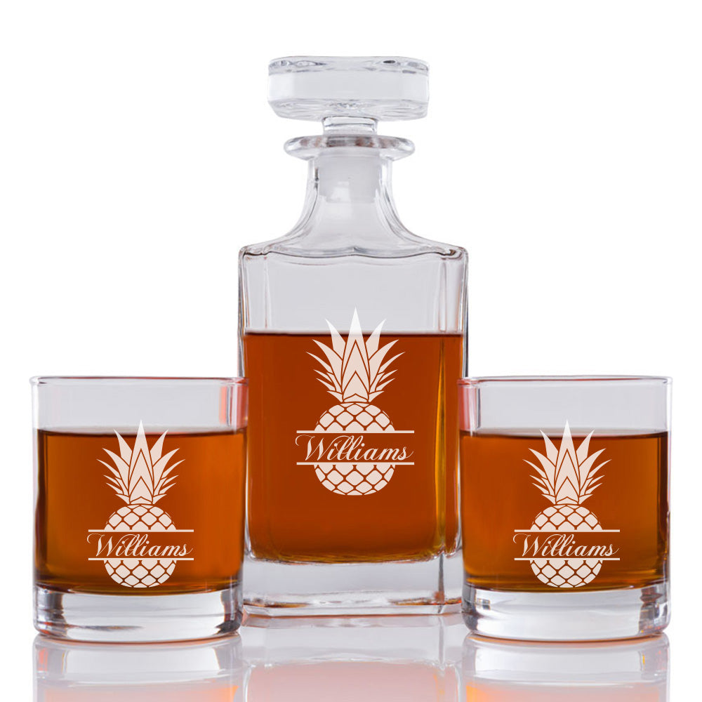 Pineapple Personalized Engraved Whiskey Decanter Set - 3 pcs