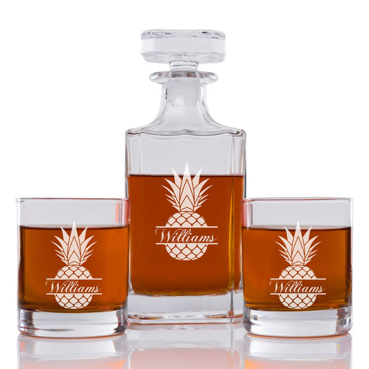 Pineapple Personalized Engraved Whiskey Decanter Set - 3 pcs