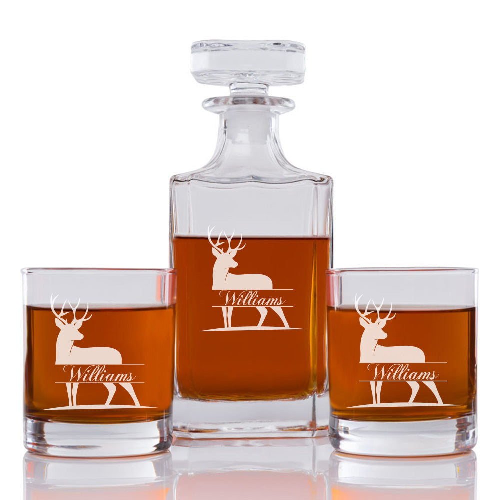 Deer Personalized Engraved Whiskey Decanter Set - 3 pcs