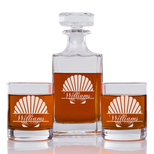 Scallop Shell Personalized Engraved Whiskey Decanter Set - 3 pcs