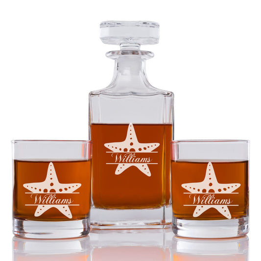 Starfish Personalized Engraved Whiskey Decanter Set - 3 pcs