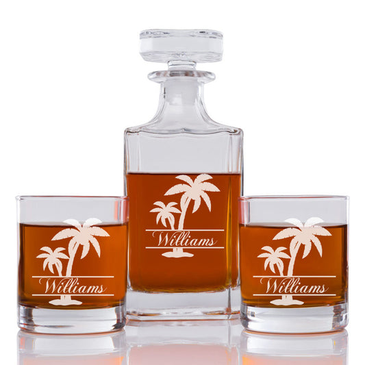 Palm Tree Personalized Engraved Whiskey Decanter Set - 3 pcs