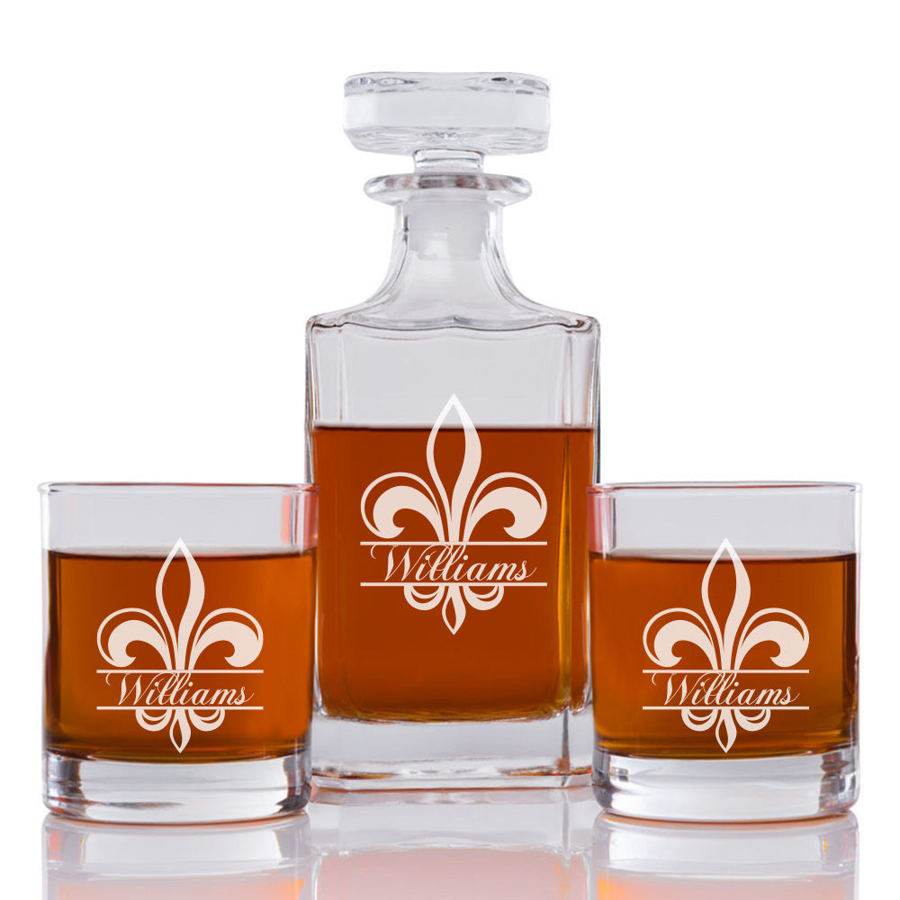 Fleur De Lis Personalized Engraved Whiskey Decanter Set - 3 pcs