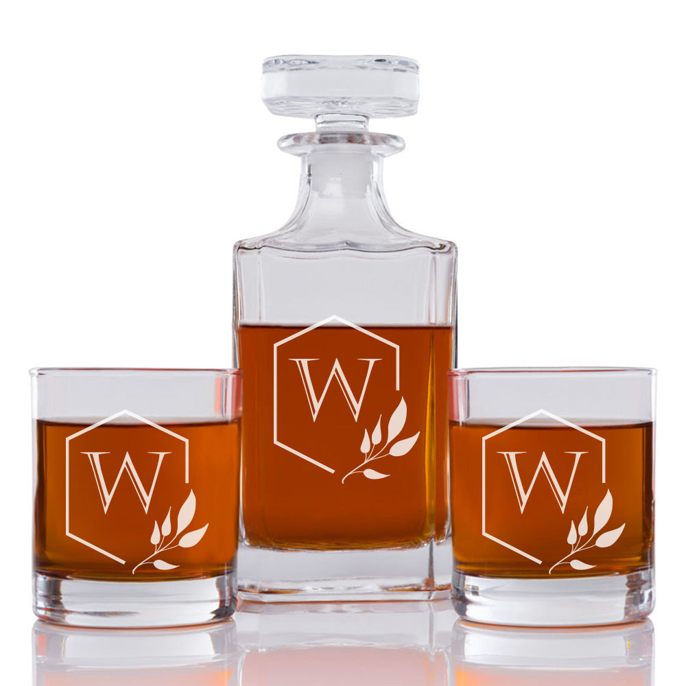 Hexagon Monogram Personalized Engraved Whiskey Decanter Set - 3 pcs