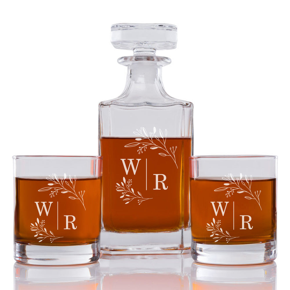 Greenery Monogram Personalized Engraved Whiskey Decanter Set - 3 pcs