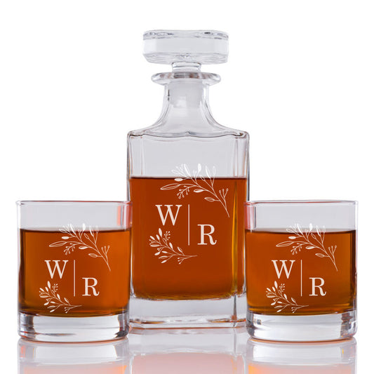 Greenery Monogram Personalized Engraved Whiskey Decanter Set - 3 pcs