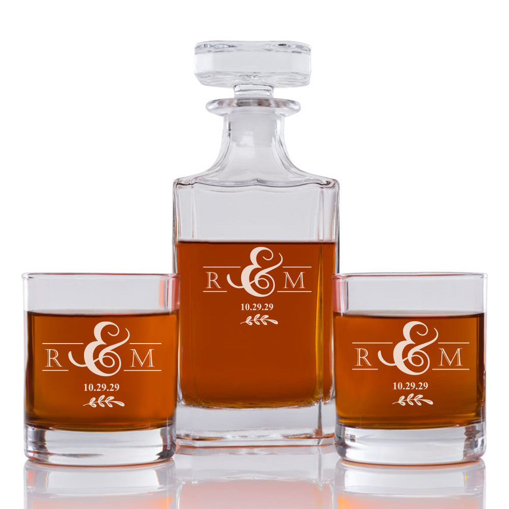 Eucalyptus Monogram Personalized Engraved Whiskey Decanter Set - 3 pcs