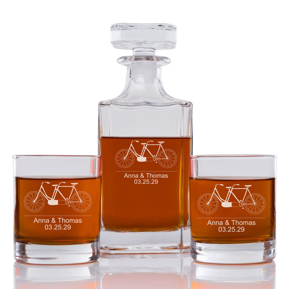 Bicycle Wedding Personalized Engraved Whiskey Decanter Set - 3 pcs