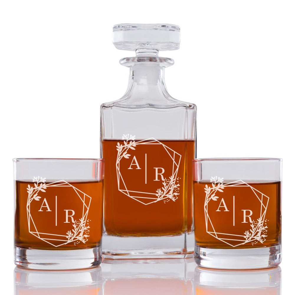 Geometric Floral Wreath Personalized Engraved Whiskey Decanter Set - 3 pcs