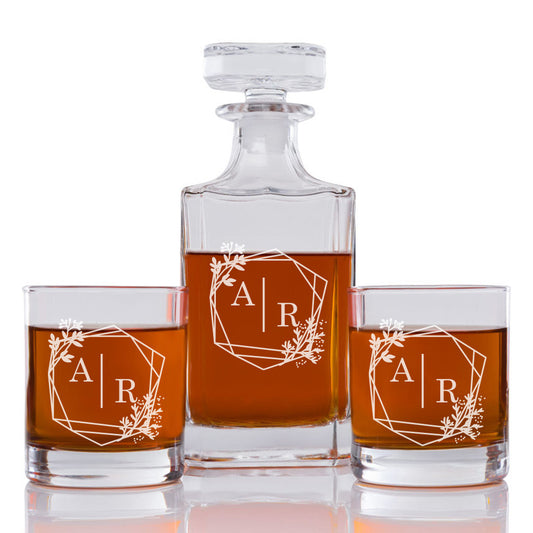 Geometric Floral Wreath Personalized Engraved Whiskey Decanter Set - 3 pcs