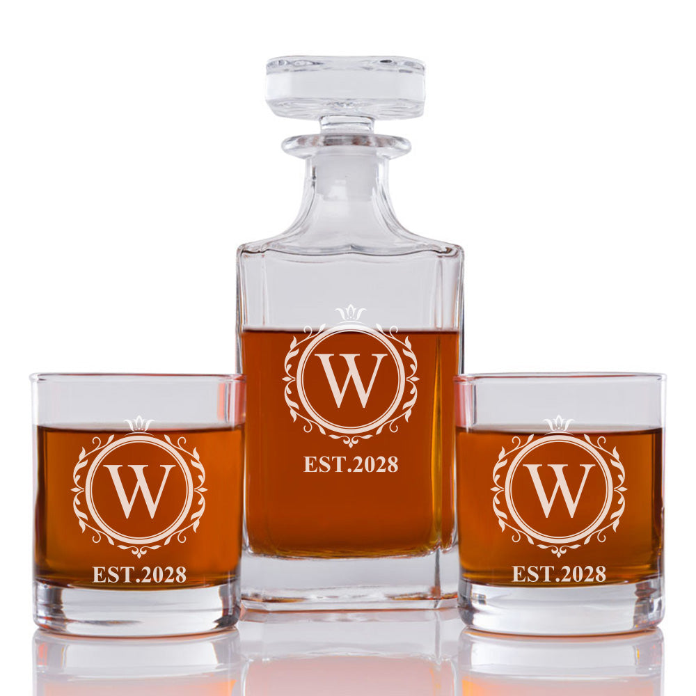 Wreath Monogram Personalized Engraved Whiskey Decanter Set - 3 pcs