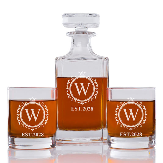 Wreath Monogram Personalized Engraved Whiskey Decanter Set - 3 pcs