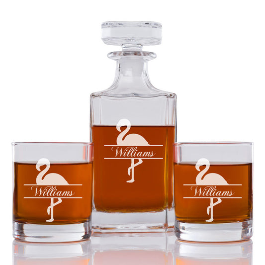 Flamingo Personalized Engraved Whiskey Decanter Set - 3 pcs