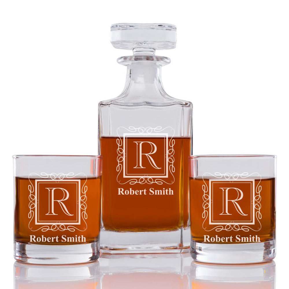 Square Monogram Personalized Engraved Whiskey Decanter Set - 3 pcs