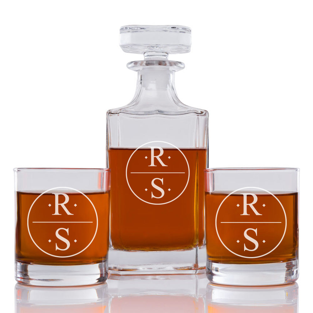 Stacked Monogram Personalized Engraved Whiskey Decanter Set - 3 pcs