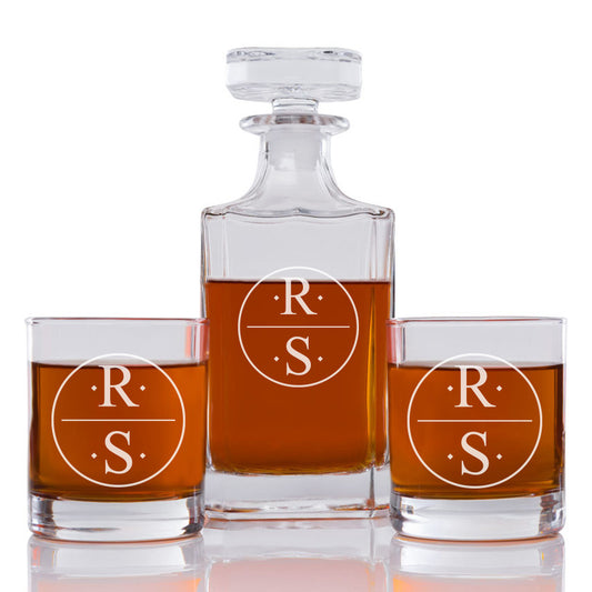 Stacked Monogram Personalized Engraved Whiskey Decanter Set - 3 pcs