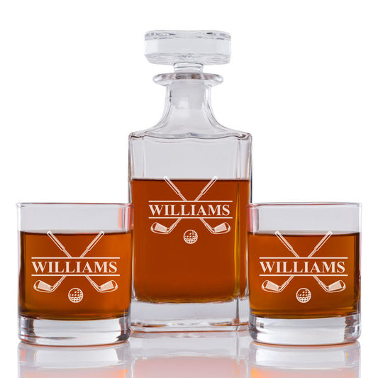 Golf Personalized Engraved Whiskey Decanter Set - 3 pcs