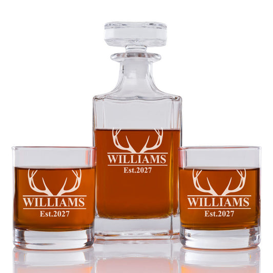 Deer Antler Personalized Engraved Whiskey Decanter Set - 3 pcs