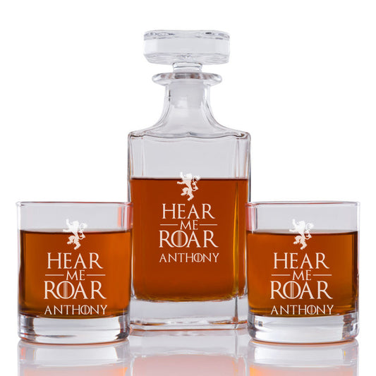 Hear Me Roar Personalized Engraved Whiskey Decanter Set - 3 pcs