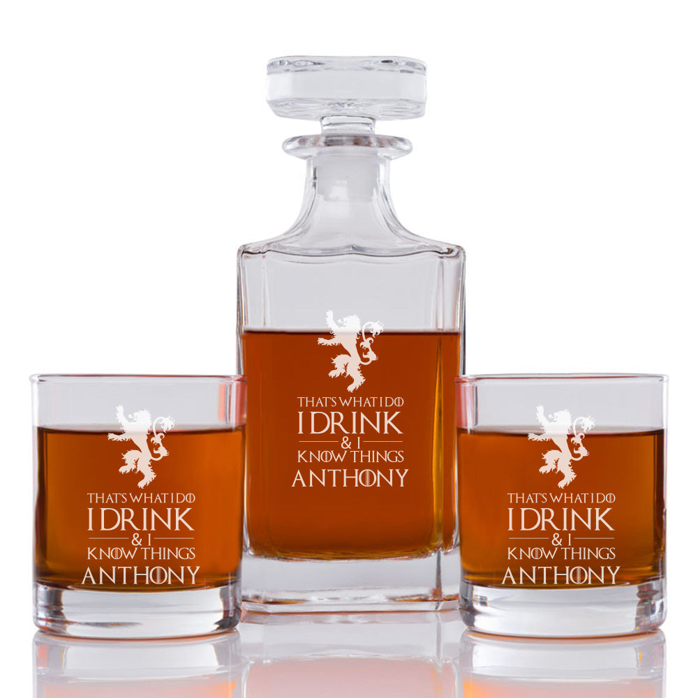 That's What I Do I Drink & I Know Things Personalized Engraved Whiskey Decanter Set - 3 pcs