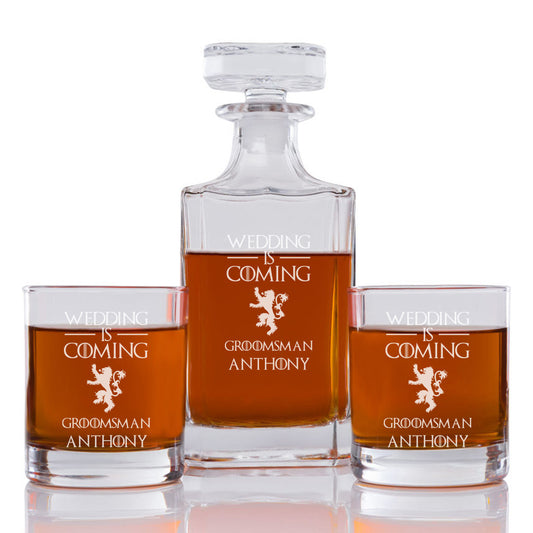 Wedding Is Coming Groomsman Personalized Engraved Whiskey Decanter Set - 3 pcs