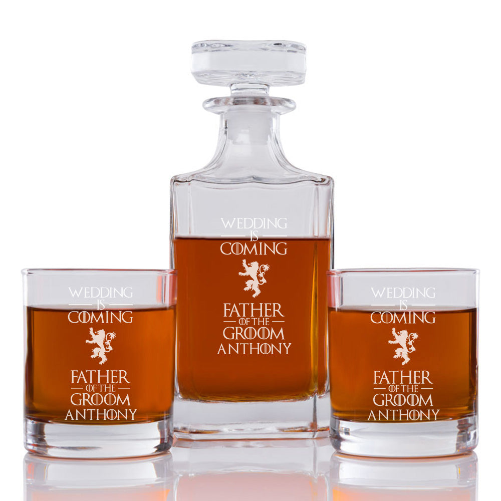 Wedding Is Coming Father Of The Groom Personalized Engraved Whiskey Decanter Set - 3 pcs