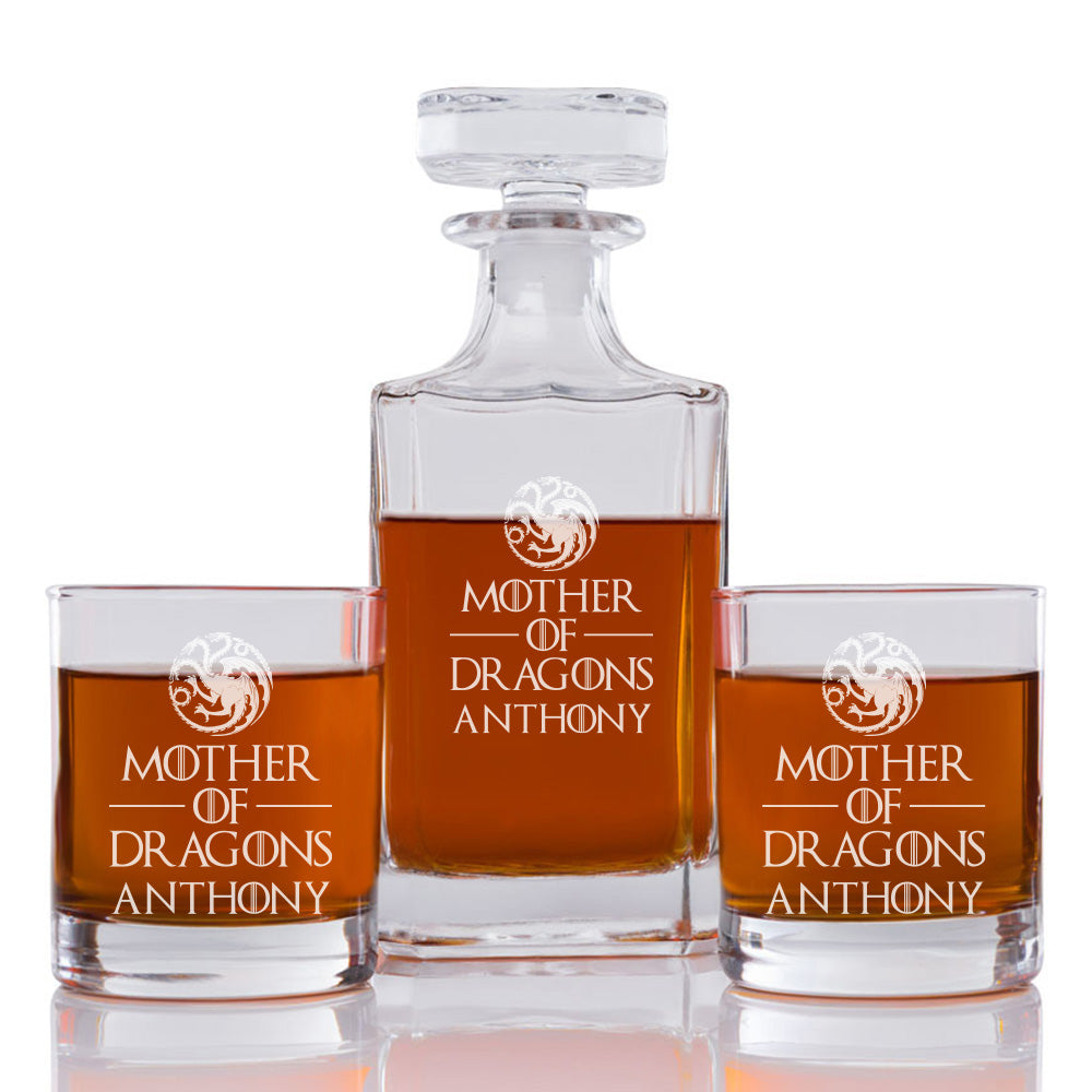 Mother Of Dragons Personalized Engraved Whiskey Decanter Set - 3 pcs