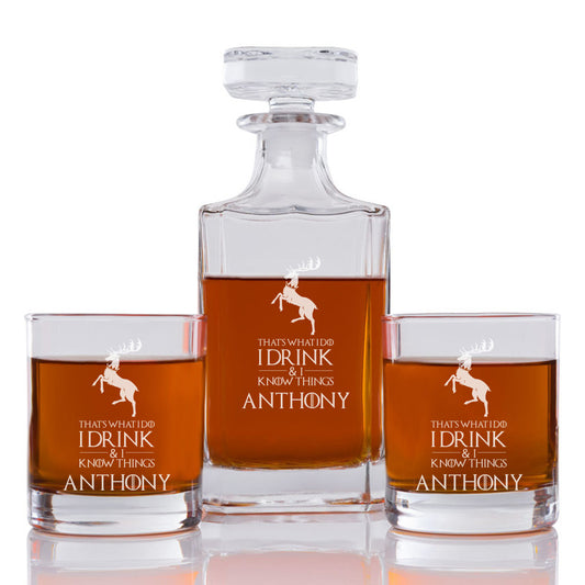 House Baratheon Personalized Engraved Whiskey Decanter Set - 3 pcs