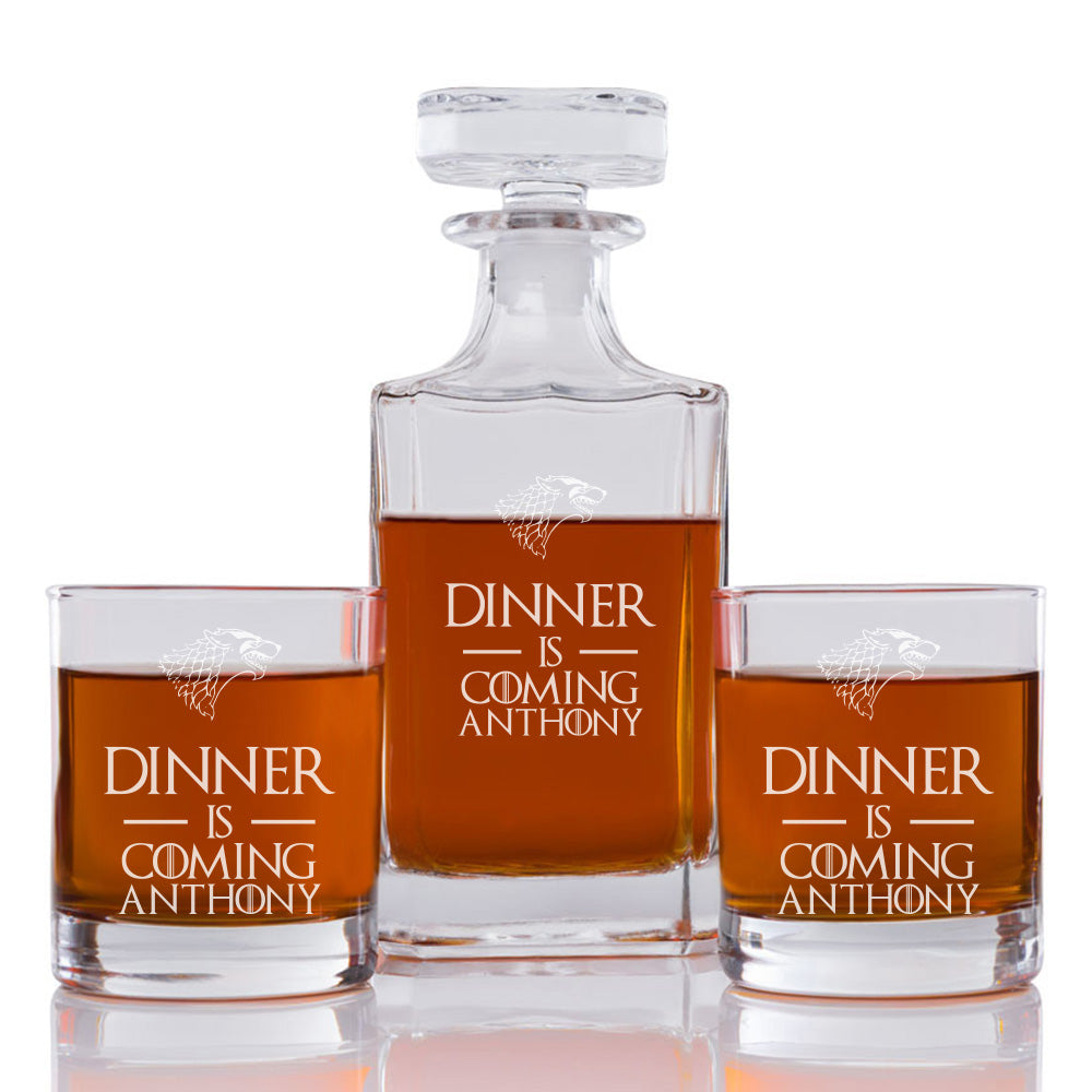 Dinner Is Coming Personalized Engraved Whiskey Decanter Set - 3 pcs