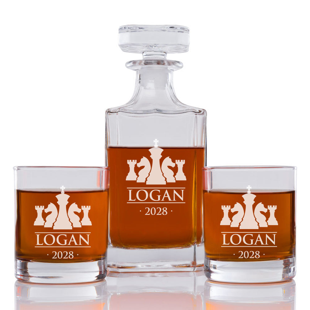 Chess Board Games Personalized Engraved Whiskey Decanter Set - 3 pcs