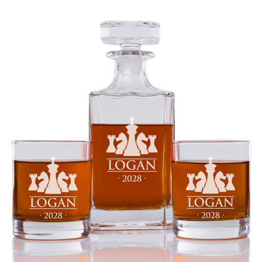 Chess Board Games Personalized Engraved Whiskey Decanter Set - 3 pcs