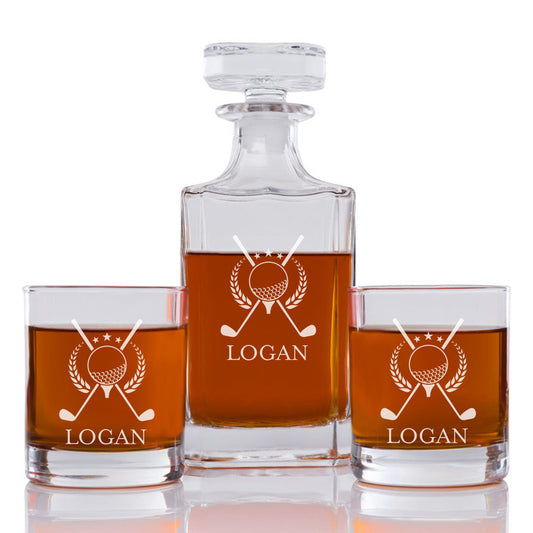 Golf Wreath Personalized Engraved Whiskey Decanter Set - 3 pcs