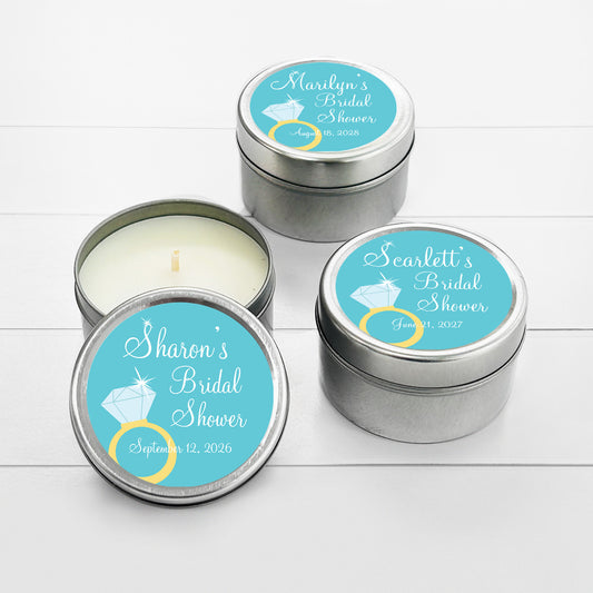 Sparkling Ring Bridal Shower Personalized Round Travel Candle Tins (set of 12)