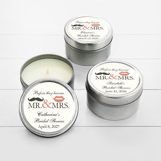 Before They Become Mr. & Mrs. Bridal Shower Personalized Round Travel Candle Tins (set of 12)