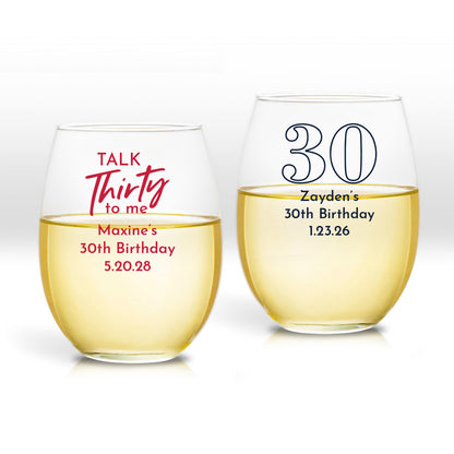 30th Birthday Personalized 9 oz. Stemless Wine Glass (Set of 24)