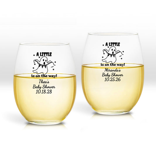 A Little Boo Is On The Way Personalized 9 oz. Stemless Wine Glass (Set of 24)