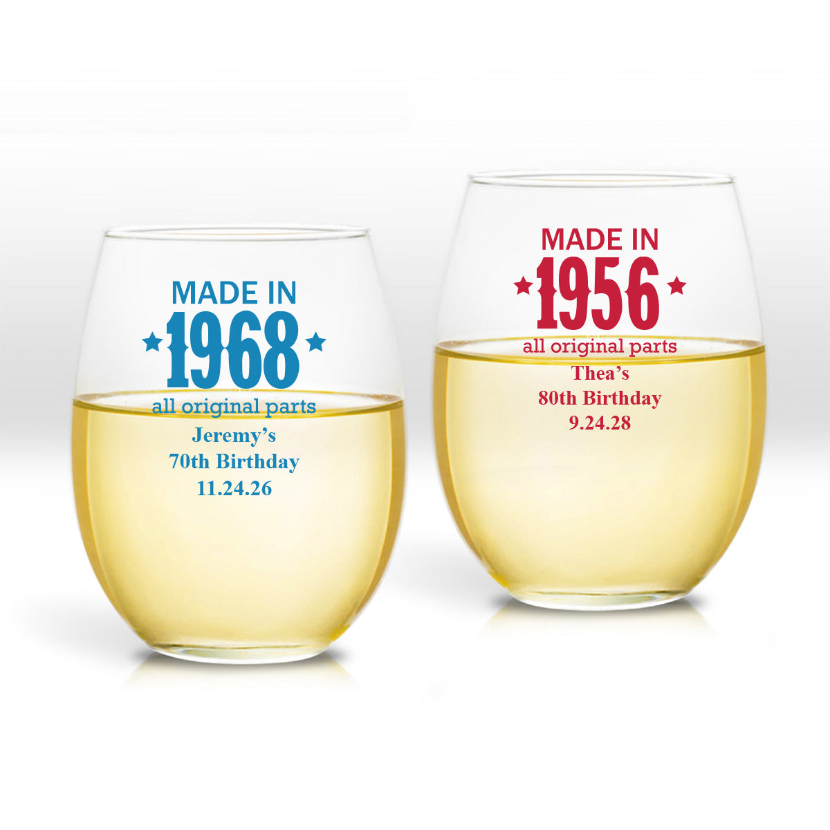 Made In # Year All Original Parts Personalized 9 oz. Stemless Wine Glass (Set of 24)