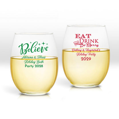 Holiday Personalized 9 oz. Stemless Wine Glass (Set of 24)