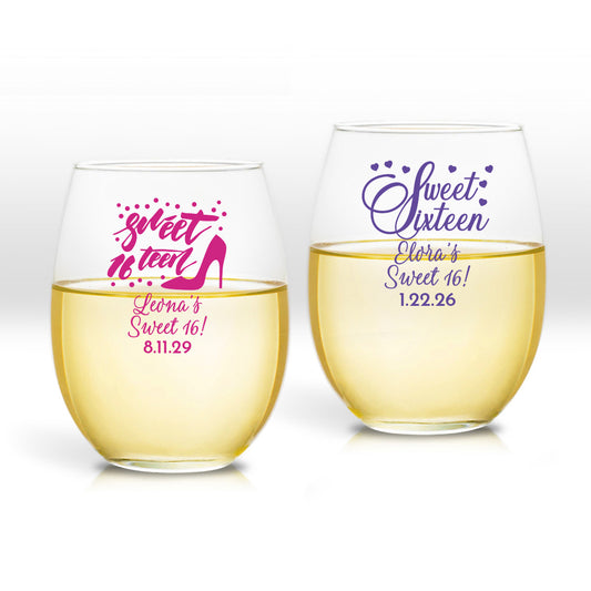 Sweet Sixteen Personalized 9 oz. Stemless Wine Glass (Set of 24)