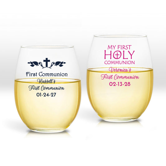 First Communion Personalized 9 oz. Stemless Wine Glass (Set of 24)