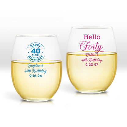 40th Birthday Personalized 9 oz. Stemless Wine Glass (Set of 24)