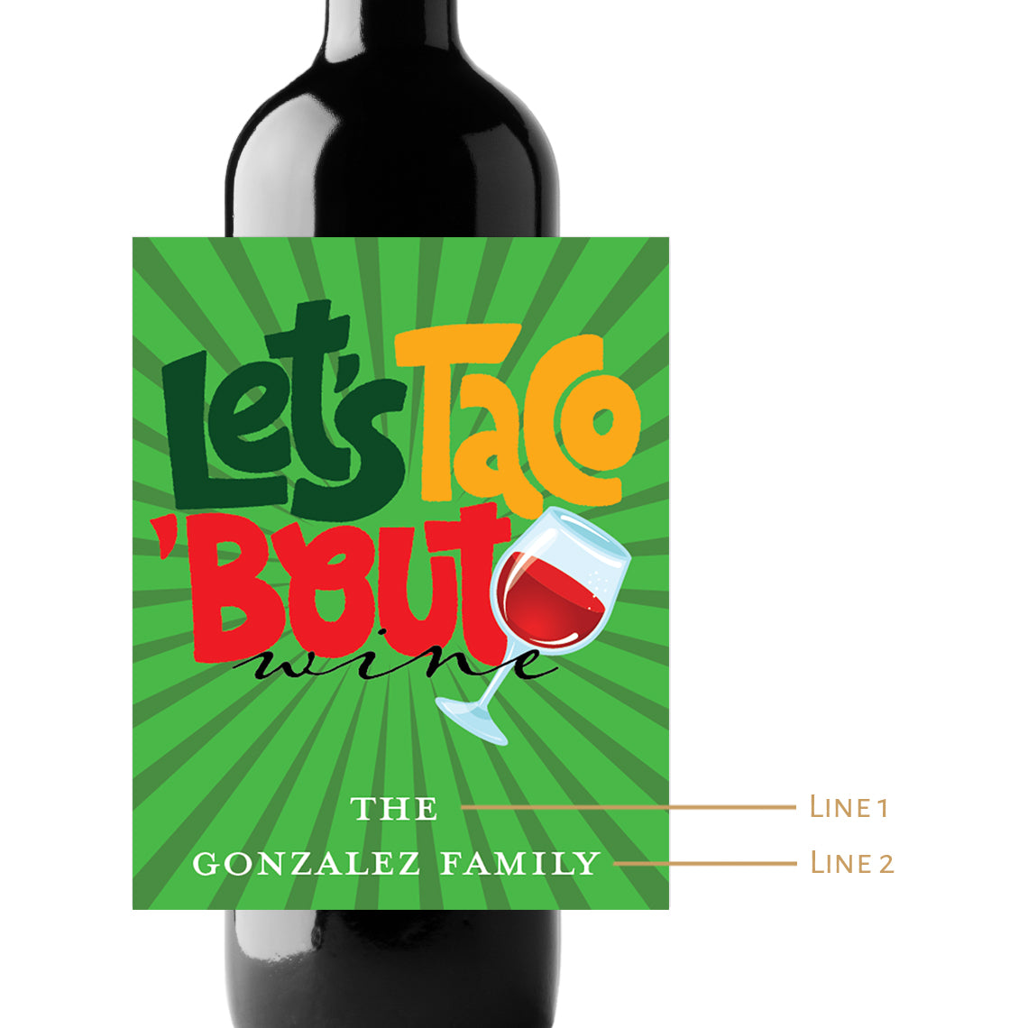 Let's Taco 'Bout Wine Custom Personalized Wine Champagne Labels (set of 3)