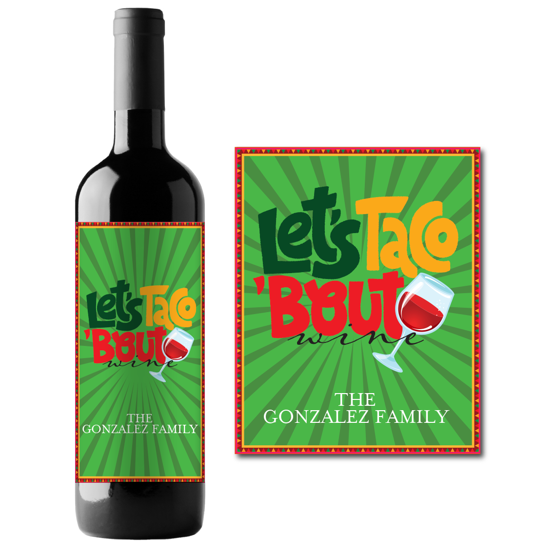 Let's Taco 'Bout Wine Custom Personalized Wine Champagne Labels (set of 3)