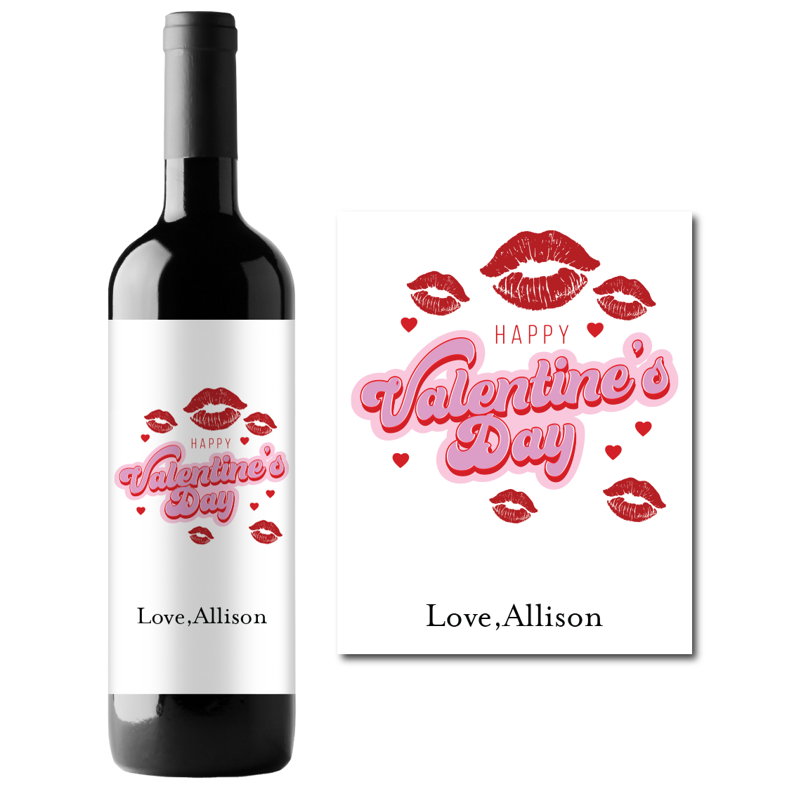 Happy Valentine's Day Kisses Custom Personalized Wine Champagne Labels (set of 3)