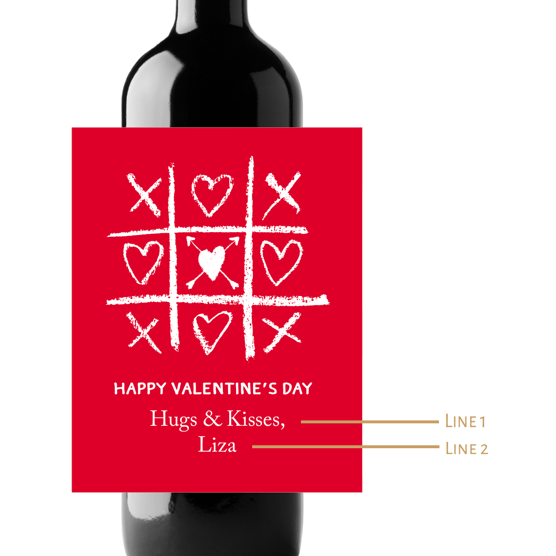 Tic Tac Toe Hearts Custom Personalized Wine Champagne Labels (set of 3)