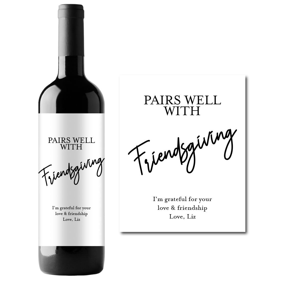 Pairs Well With Friendsgiving Custom Personalized Wine Champagne Labels (set of 3)