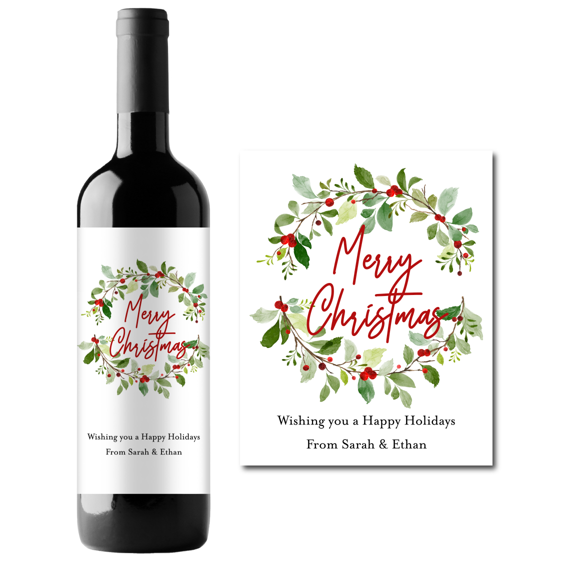 Merry Christmas Wreath Custom Personalized Wine Champagne Labels (set of 3)