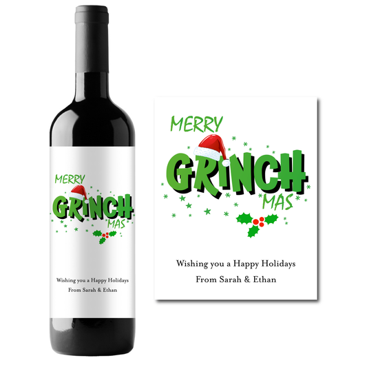 Merry Grinchmas Custom Personalized Wine Champagne Labels (set of 3)