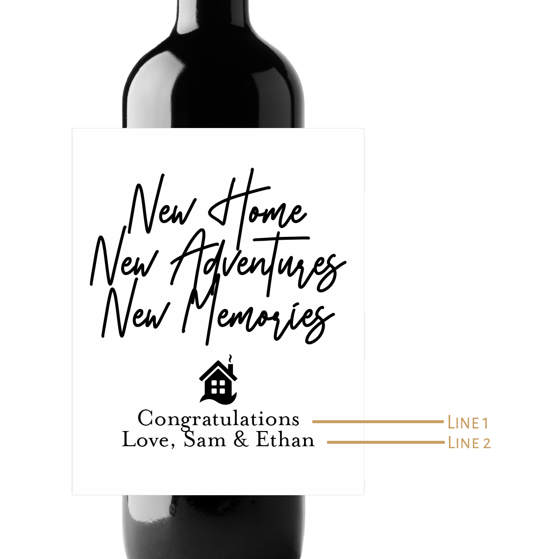 New Home, New Adventures, New Memories Custom Personalized Wine Champagne Labels (set of 3)