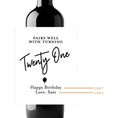 Turning Twenty One Custom Personalized Wine Champagne Labels (set of 3)